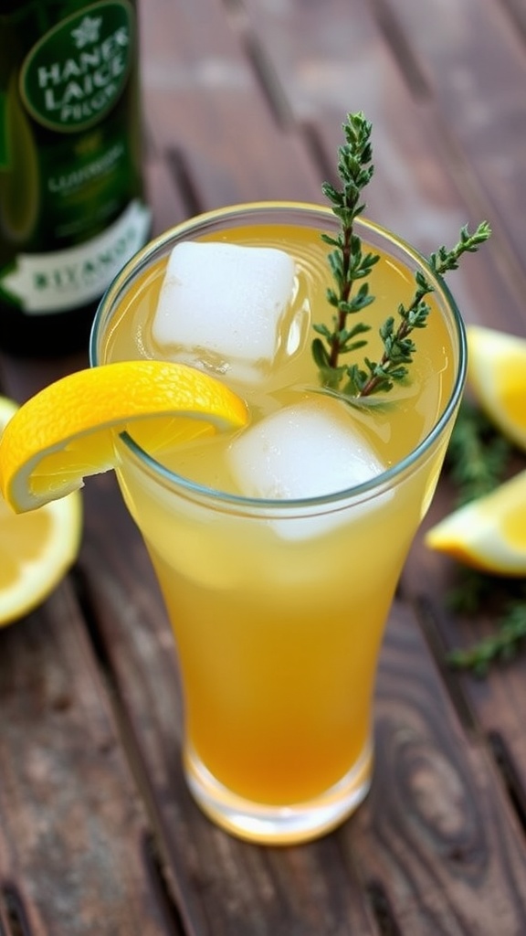 A refreshing gin cocktail with honey and thyme, garnished with thyme sprigs and lemon on a rustic table.